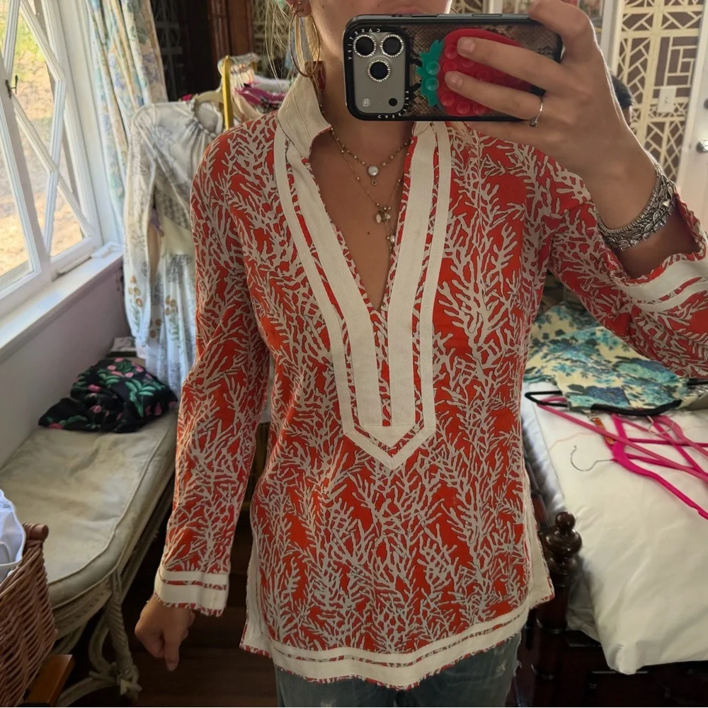 Tory Burch Orange and White Coral-Print V-Neck Tunic